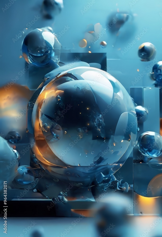 Poster collection of spherical objects, predominantly blue and silver, arranged in a dynamic and abstract m