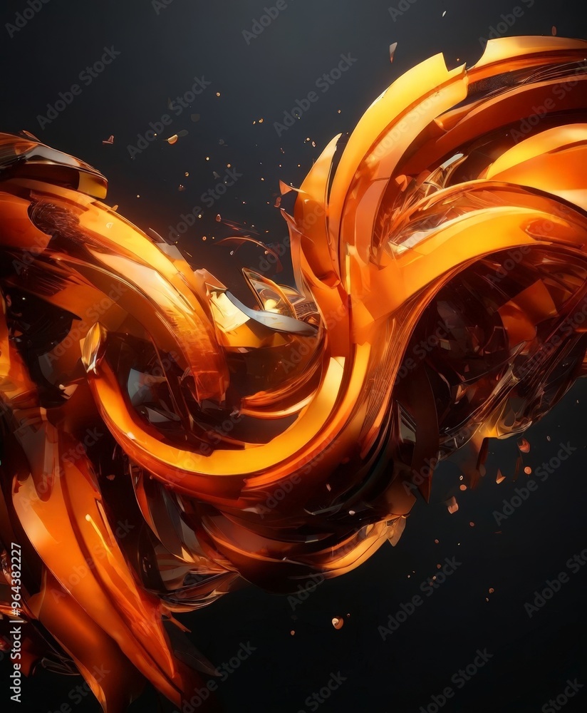 Poster dynamic, abstract composition of orange and black shapes, with a dark background and scattered small