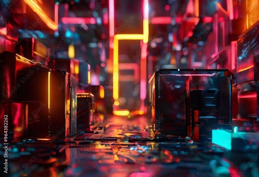 Poster a futuristic cityscape with a complex network of neon-lit structures, including buildings, roads, an