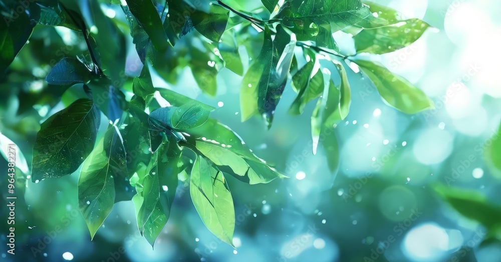 Poster a close-up view of lush green leaves with water droplets, creating a serene and refreshing atmospher