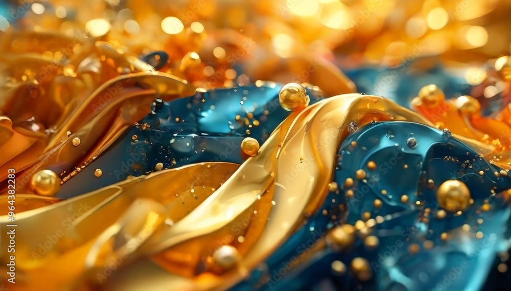Poster a close-up of a textured surface with gold and blue elements, including curved lines, spheres, and s