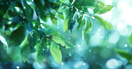 a close-up view of lush green leaves with water droplets, creating a serene and refreshing atmosphere.