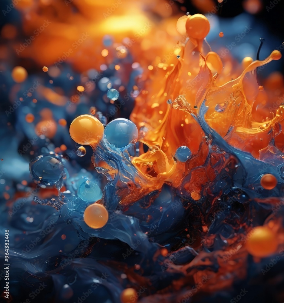 Poster a digital art piece featuring a vibrant explosion of orange and blue spheres, creating a dynamic and
