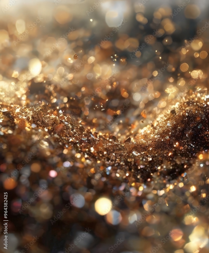 Poster a close-up of a textured surface with a golden, glittery, and sparkling effect, creating a visually 