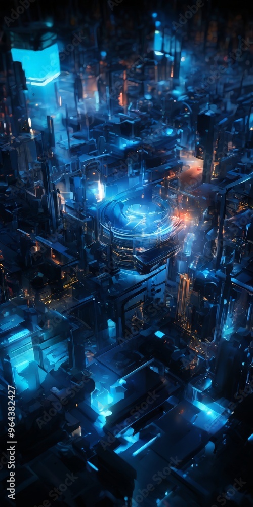 Poster futuristic cityscape, characterized by a complex network of buildings and structures illuminated by 