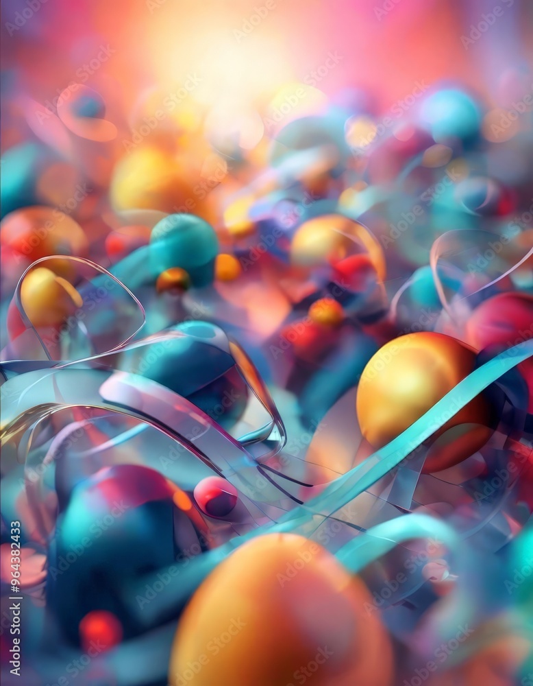 Poster a digital art piece featuring a vibrant and abstract composition of colorful spheres and ribbons, cr
