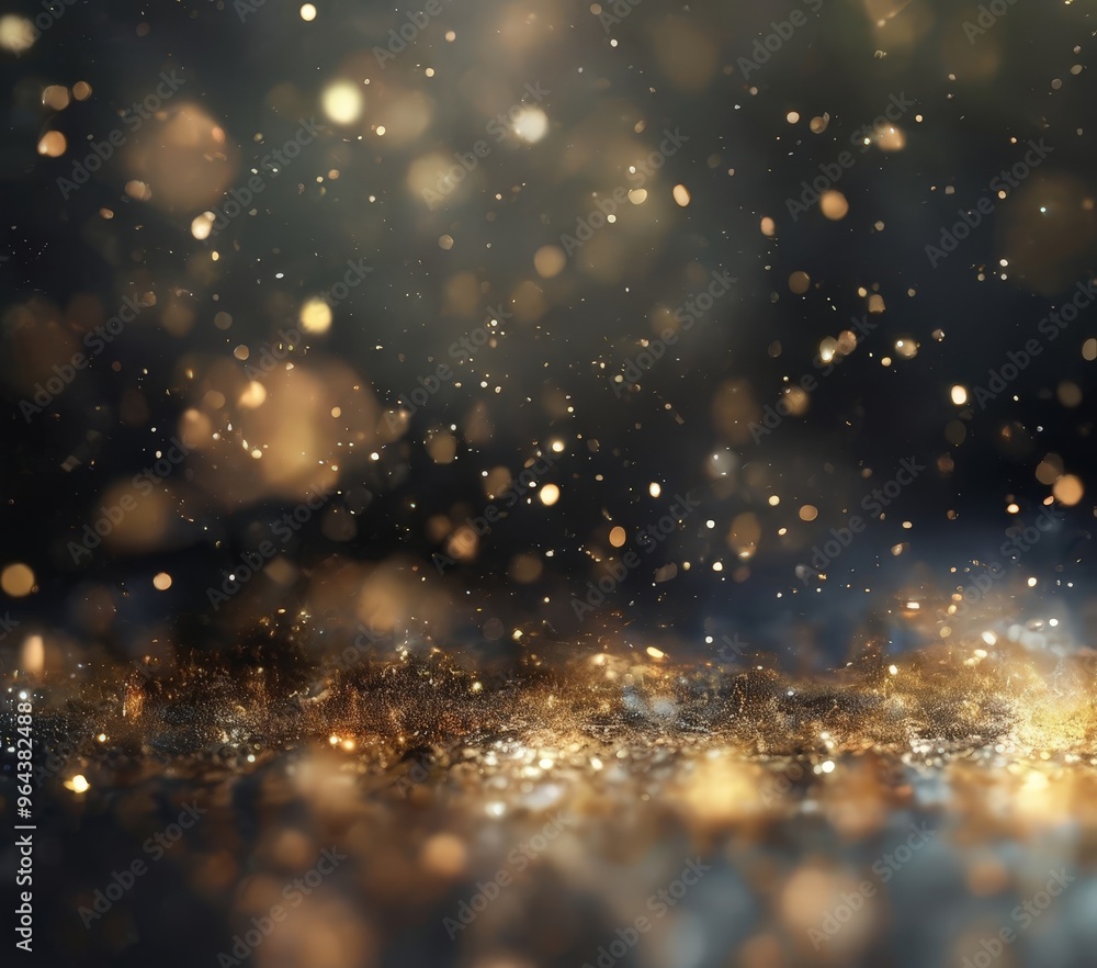 Poster a dark background with a scattering of golden and white lights, creating a sense of depth and textur
