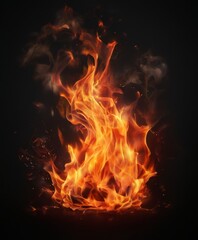 A fiery display of flames engulfs the image, casting an intense glow against a dark background.