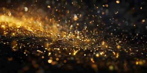 Naklejka premium a close-up view of a textured surface with a multitude of small, shimmering gold particles scattered across it, creating a sense of depth and movement.