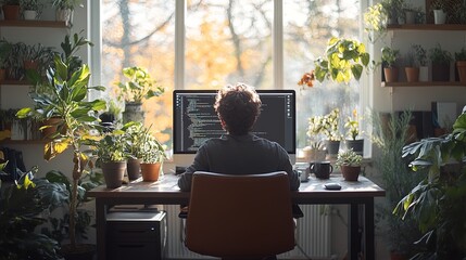 Fototapeta premium Person working from home with plants in the background