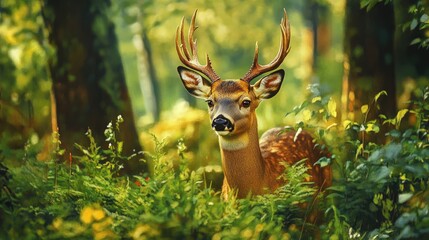 Roe deer buck, springtime forest. Generative AI