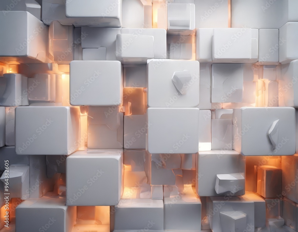 Poster geometric pattern composed of white cubes, each with a unique shape and size, arranged in a grid-lik
