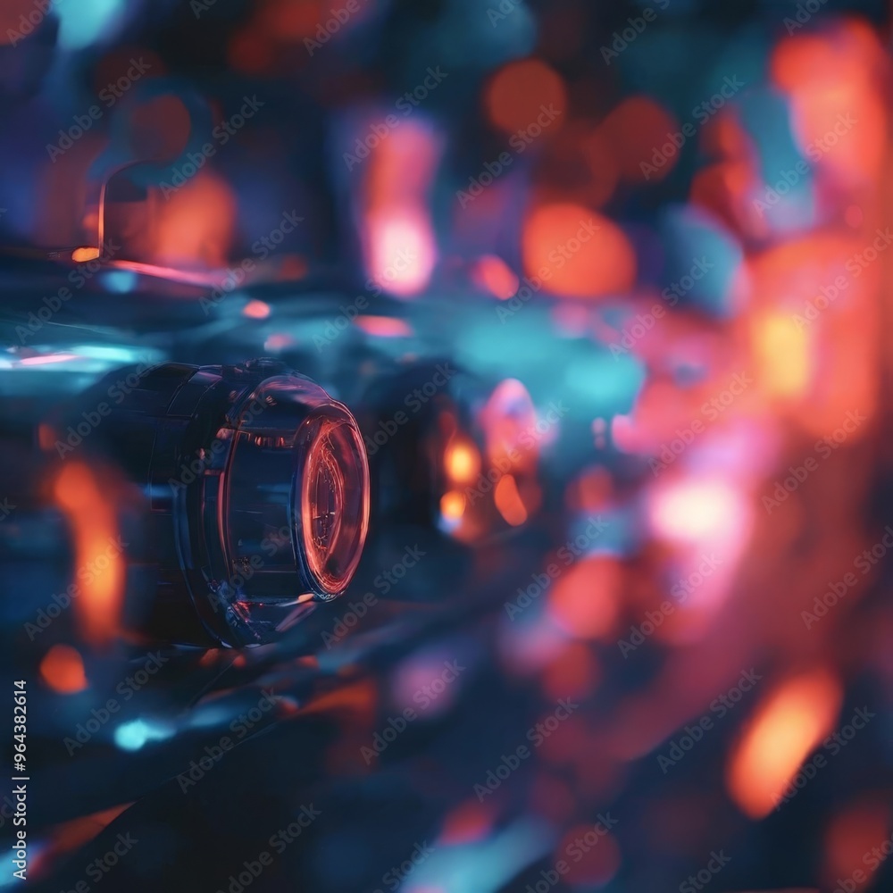 Aufkleber a close-up view of a car's headlight, with a blurred background featuring a mix of red, orange, and 