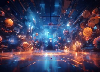 a futuristic basketball court with a futuristic cityscape in the background, featuring a mix of orange, blue, and white elements.