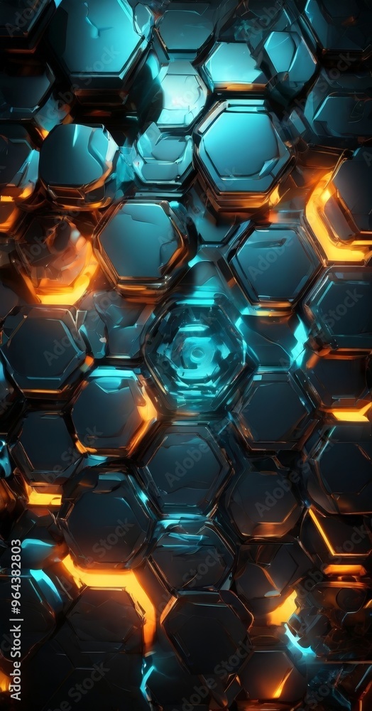 Poster complex pattern of hexagonal shapes in shades of blue and orange, creating a visually striking and f