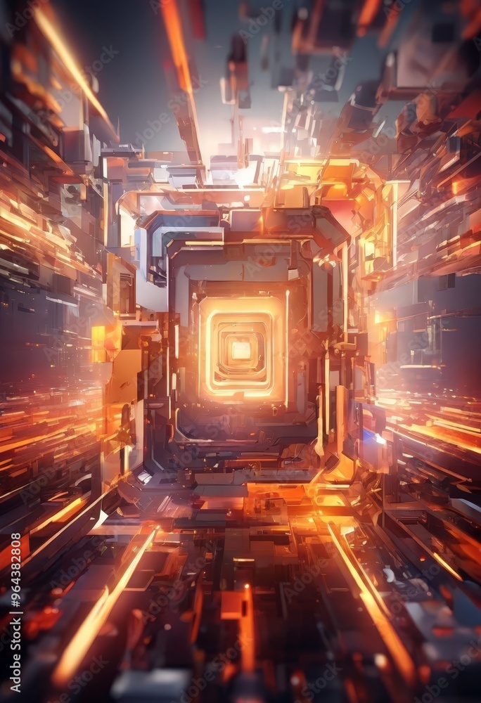 Poster a futuristic, technological environment with a complex network of interconnected structures, glowing