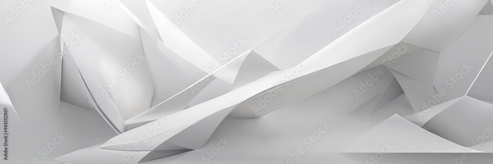 Poster a complex arrangement of white, geometric shapes that appear to be in a 3d space, creating a visuall