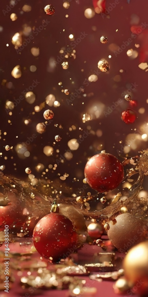 Poster festive scene with a collection of red and gold christmas ornaments scattered across a dark red back
