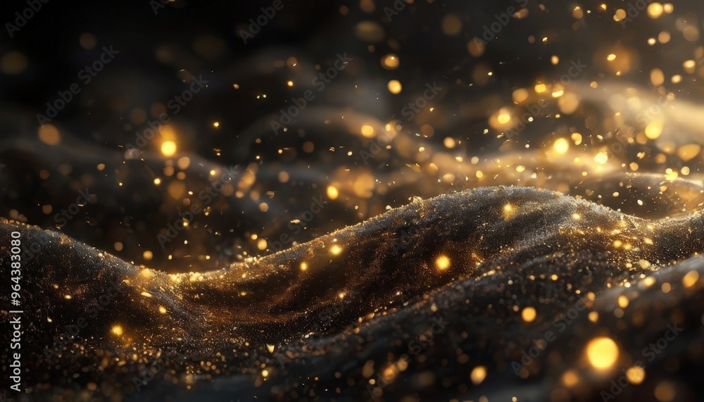 Poster a close-up view of a textured surface, with a dark background and a scattering of small, glowing gol