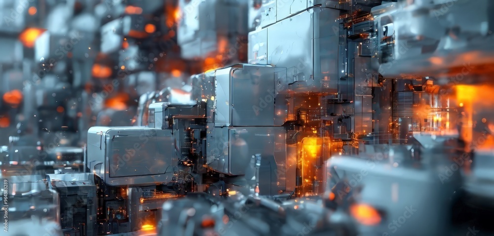 Poster a futuristic cityscape with a complex network of metallic structures, glowing with a mix of orange a