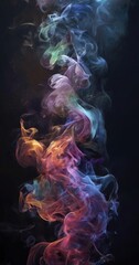 a swirling, ethereal smoke pattern with a gradient of colors, including blue, green, orange, and pink, against a dark background.