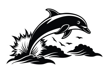 A jumping dolphin design vector art silhouette illustration on a white background