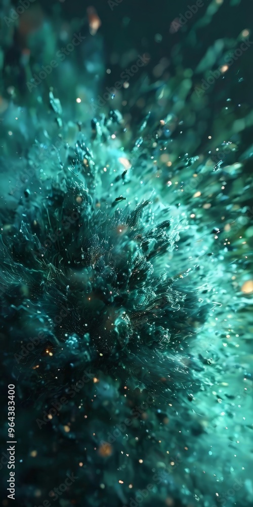 Poster a close-up of a vibrant, abstract explosion of green and blue hues, with small particles and specks 