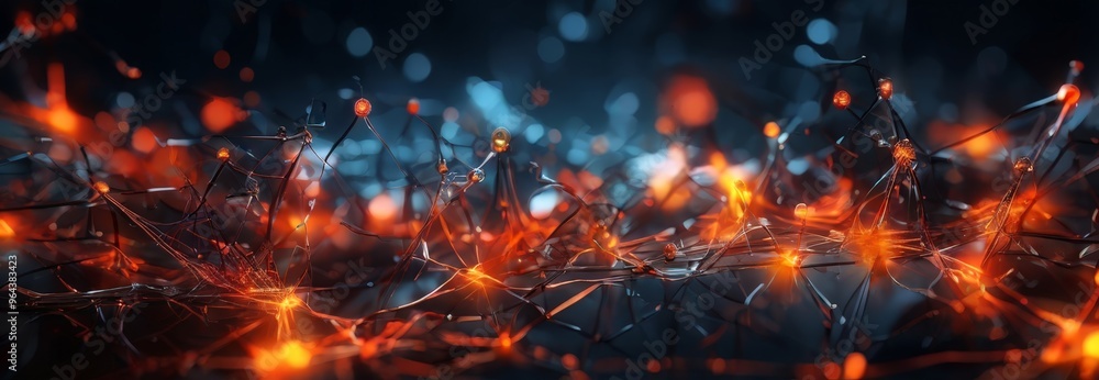 Poster a close-up view of a network of interconnected wires and cables, with a vibrant mix of orange and re