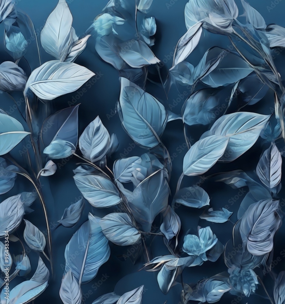 Poster close-up view of a plant with numerous light blue leaves, arranged in a pattern that creates a sense