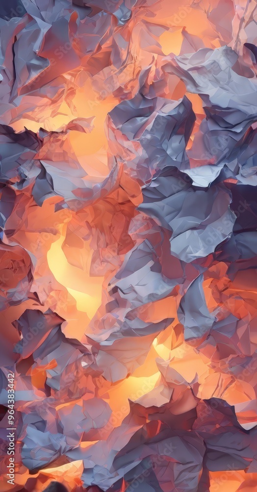 Poster a digital art piece featuring a chaotic and abstract composition of overlapping, crumpled paper in s