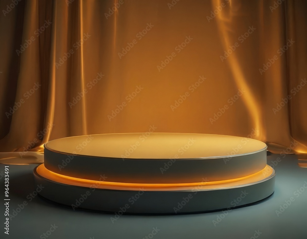 Poster a circular podium with a glowing top sits in a dimly lit room, illuminated by a warm yellow light th