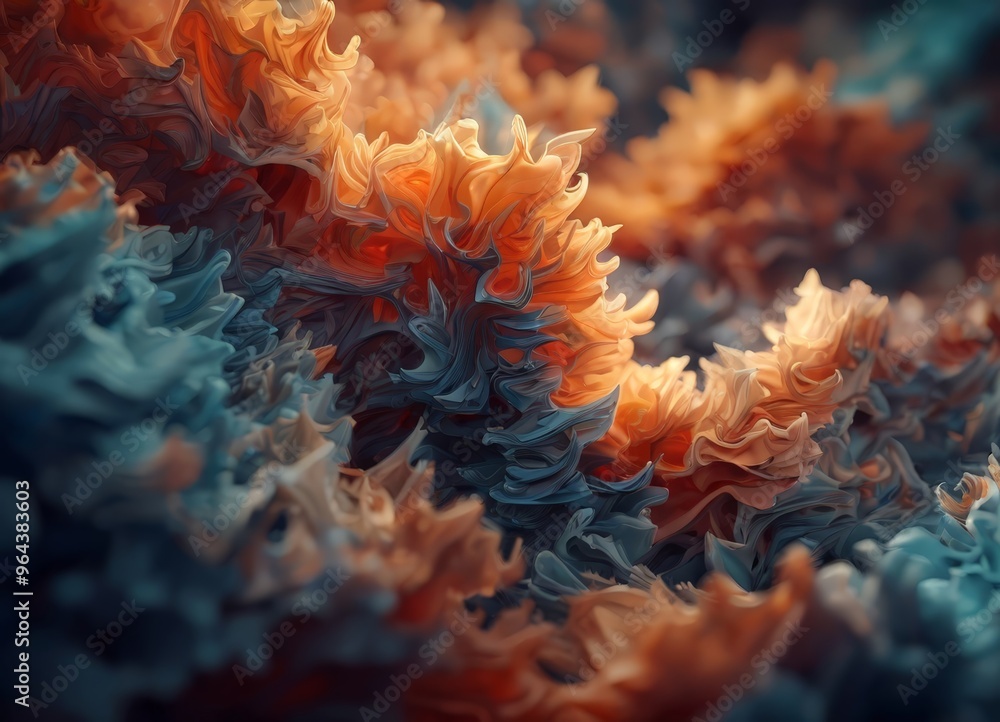 Poster a close-up of a vibrant, abstract floral pattern composed of overlapping orange and blue shapes, cre