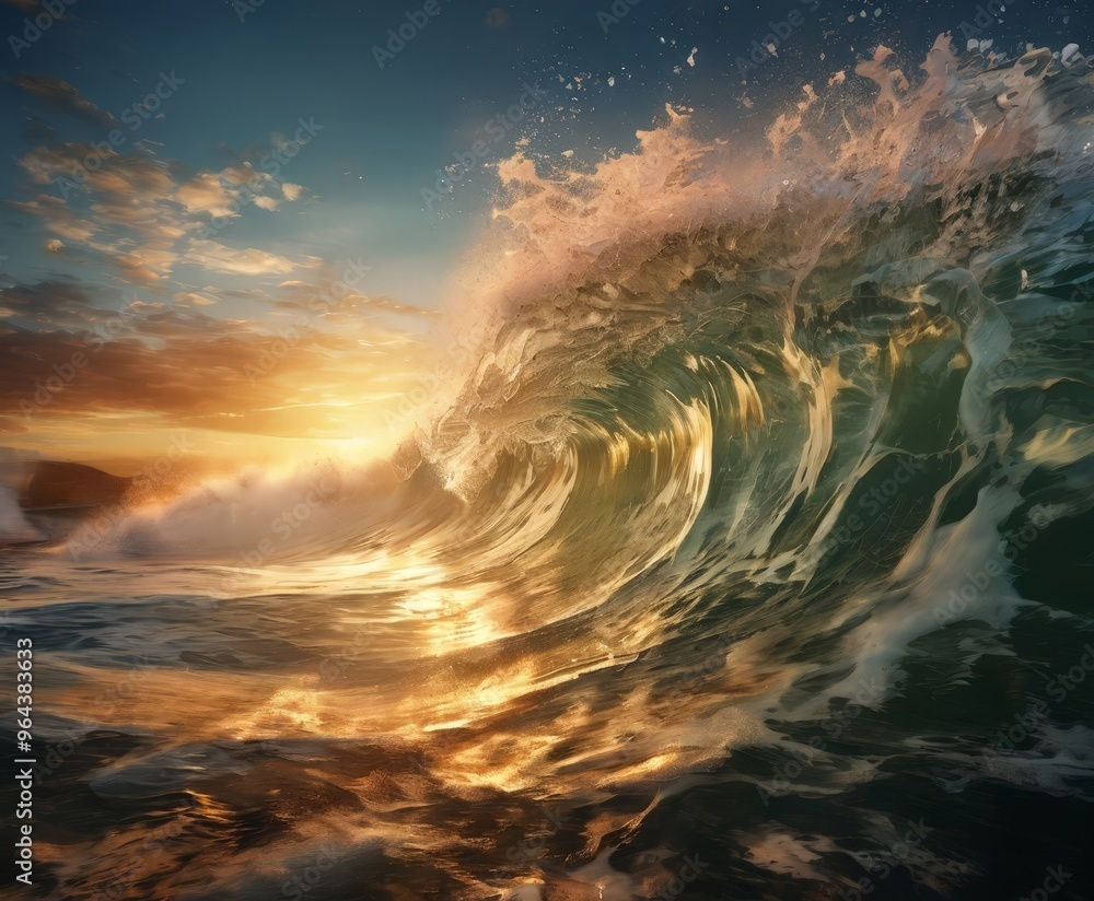 Poster a breathtaking sunset casts a warm glow over a powerful, crashing wave, creating a mesmerizing displ
