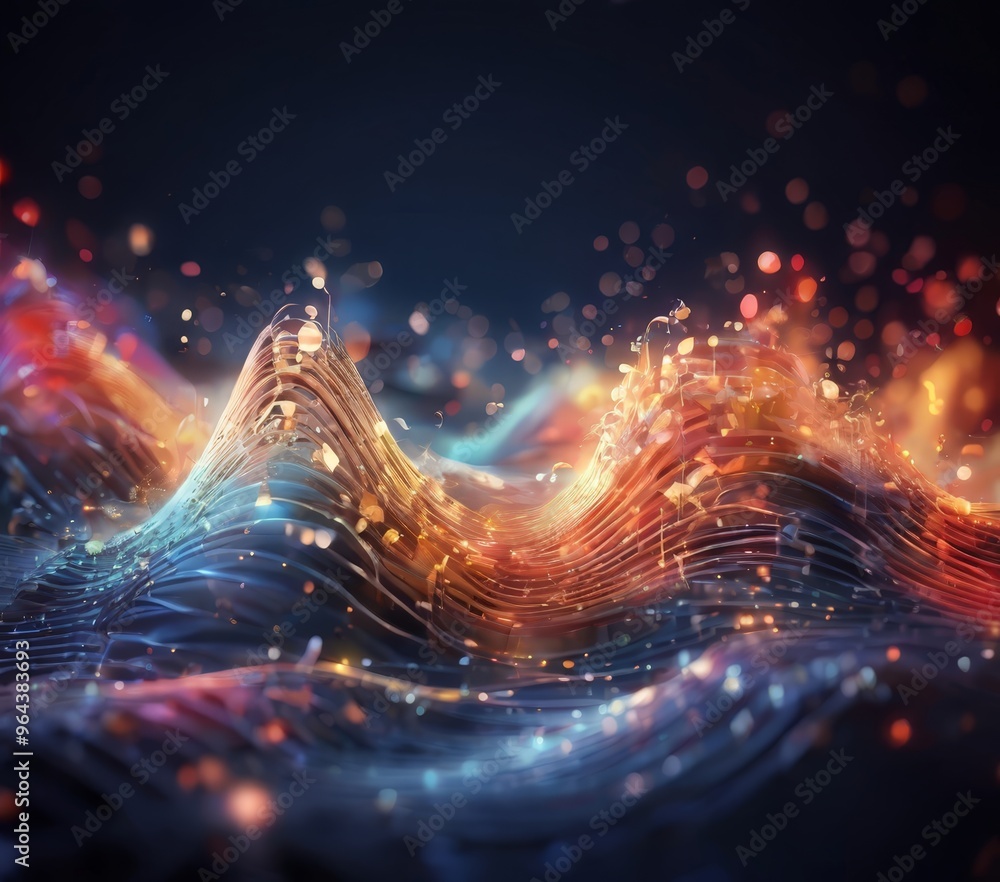 Poster a wave-like pattern with a gradient of colors, including blue, orange, and red, against a dark backg