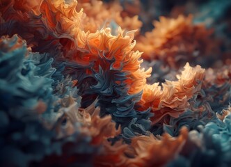 a close-up of a vibrant, abstract floral pattern composed of overlapping orange and blue shapes, creating a sense of movement and dynamism.