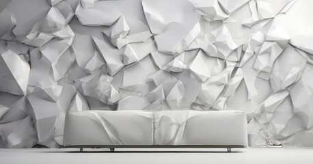 Fototapeta premium A modern white sofa sits against a wall of crumpled, white paper, creating a striking contrast and minimalist aesthetic.