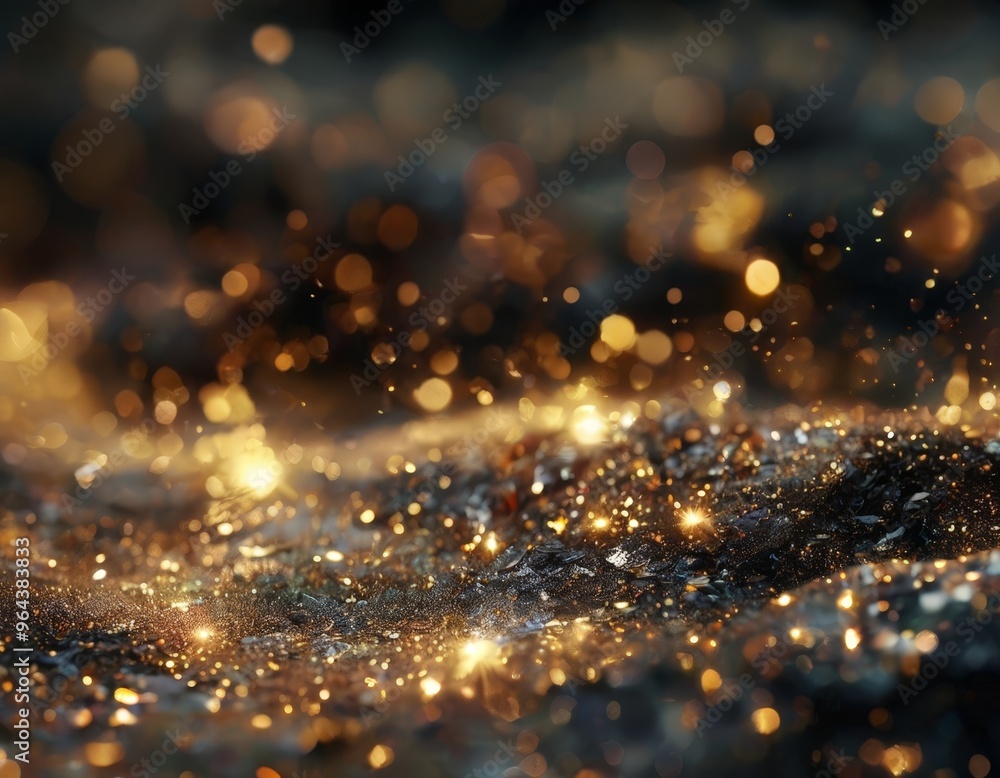 Poster a close-up view of a textured surface with a glittering, golden-hued effect, creating a sense of dep