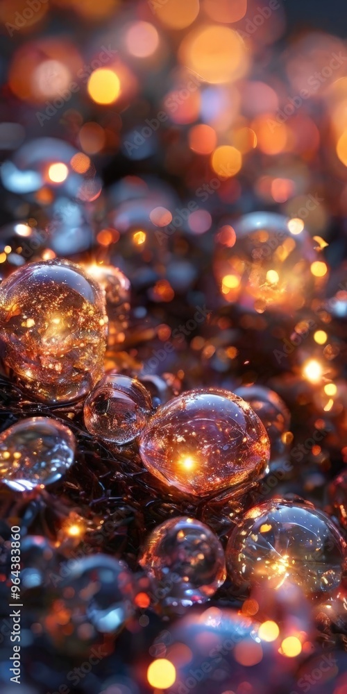 Poster close-up view of numerous transparent spheres, each filled with a liquid that glistens under the lig