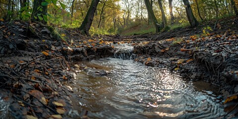 Fototapeta premium A picturesque woodland scene featuring a small flowing stream with glistening water, surrounded by lush trees and scattered autumn leaves in a serene forest
