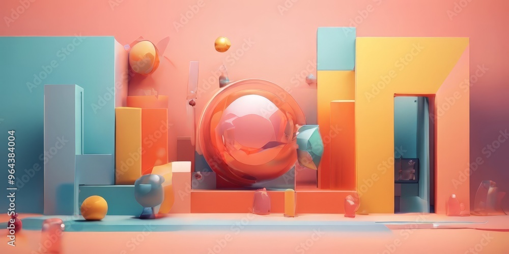 Poster a vibrant, abstract a cityscape, featuring a variety of geometric shapes and objects in a range of p