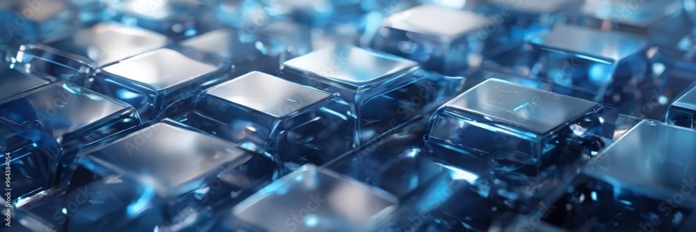 Poster a close-up view of a collection of blue cubes, each with a reflective surface, arranged in a grid-li