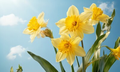 Fototapeta premium A cluster of vibrant yellow daffodils blooms against a clear blue sky, their petals unfurling to reveal the intricate details of their inner structure.