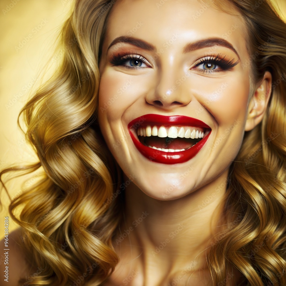 Canvas Prints smiling woman with white teeth and red lipstick on white background. Generate With AI