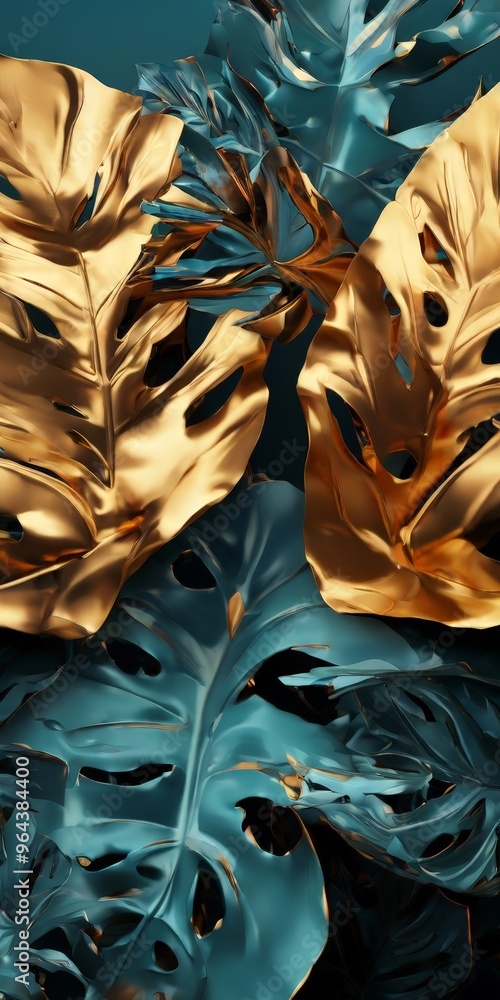Poster close-up view of three distinct tropical leaves, each with a unique color and texture. the leaves ar