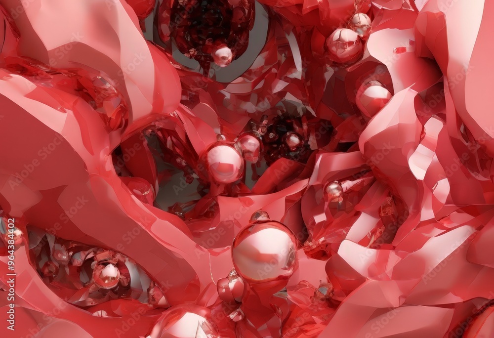 Poster a digital of a complex, abstract composition of red and pink spheres and curves, creating a sense of depth and movement.