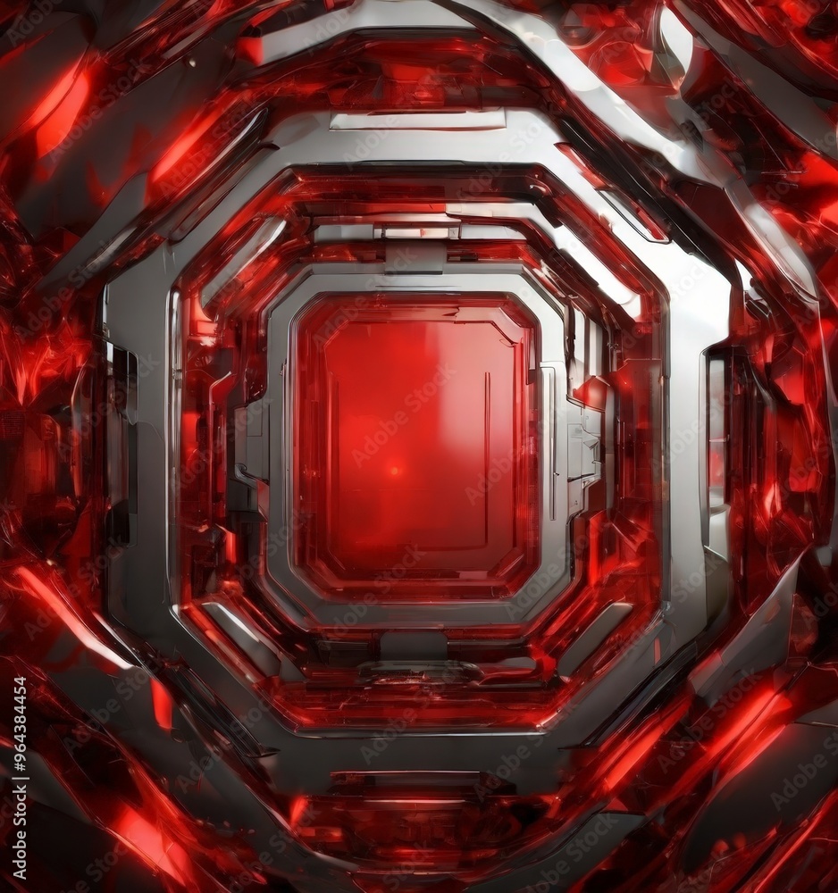 Poster futuristic, abstract design with a red square at the center, surrounded by a geometric pattern of bl