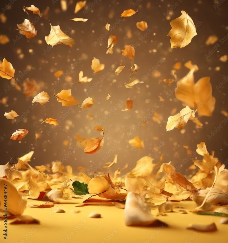 Poster autumn leaves in various shades of yellow and orange are falling against a dark background, creating