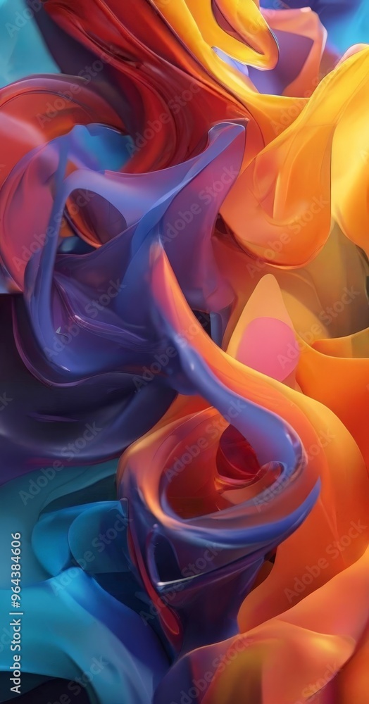 Poster a vibrant abstract composition featuring swirling, multicolored shapes and lines, creating a dynamic