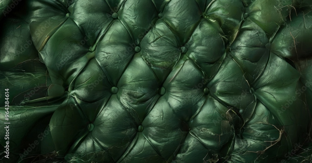 Poster a close-up view of a green leather surface with a distinctive tufted pattern.