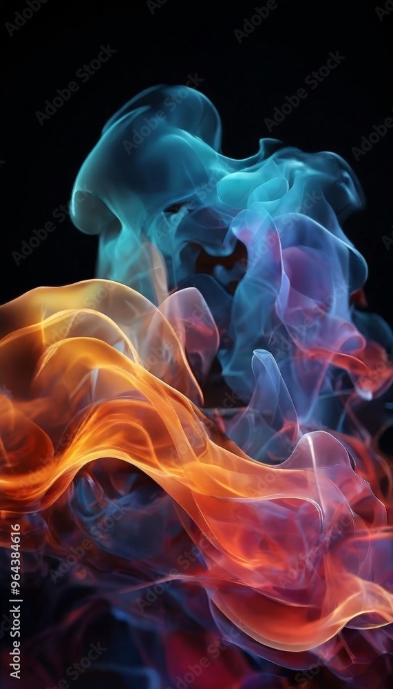 Poster vibrant display of swirling smoke in shades of blue, orange, and red, creating a dynamic and visual 